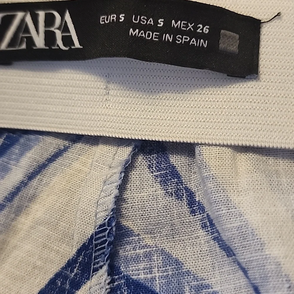 Zara Blue White High Waist Flare Slit Leg Pants Groovy Disco Linen